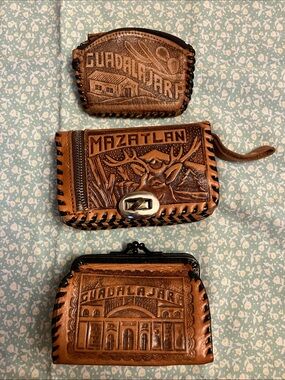 Hand-Tooled Leather Coin Pouches - Brown